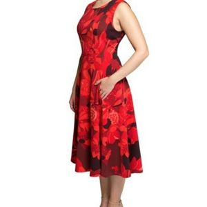 SLVLS RoundNeck Floral Silhouette Midi ScubaDress Deep Red Alessandra Belle